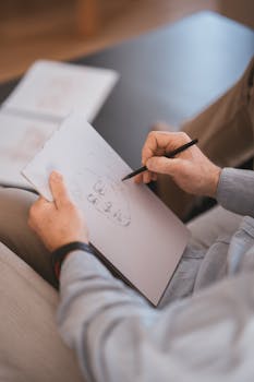 Close-up of an artist's hands sketching a face on paper with a pencil indoors.